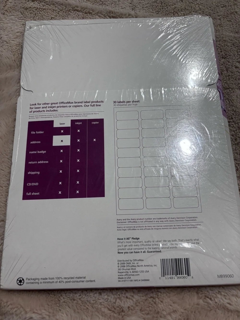 OfficeMax Laser Clear Address Labels - White with Purple Packaging